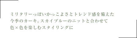 ミリタリーっぽいかっこよさとトレンド感を備えた今季のカーキ。スカイブルーのニットと合わせて色×色を楽しむスタイリングに