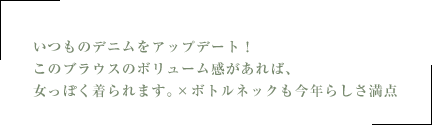 いつものデニムをアップデート!このブラウスのボリューム感があれば、女っぽく着られます。×ボトルネックも今年らしさ満点
